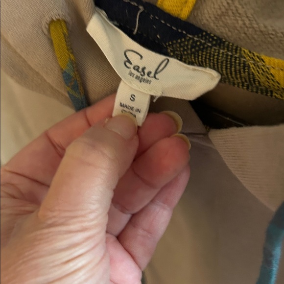 NWOT Easel Beige Hoodie with Stripe and Plaid Accents - Picture 2 of 4